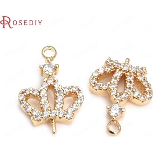 39926)6PCS 13x18MM 24K Champagne Gold Color Brass and Zircon Half Pin Crown Charms Pendants Jewelry Making Supplies Findings