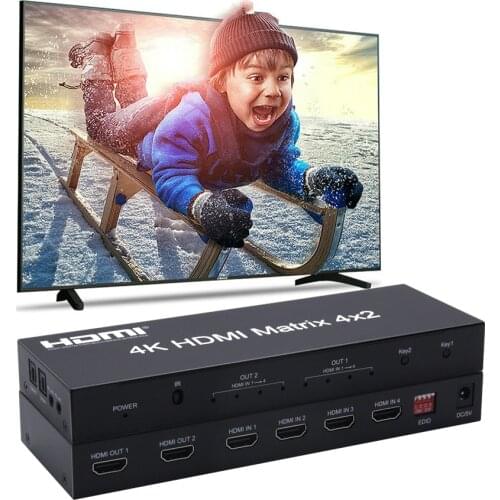 HDMI Matrix 4X2 HDMI Splitter Switch 4 In 2 Out Video Converter Switcher Adapter 4Kx2K with EDID Optical Audio Remote Controller