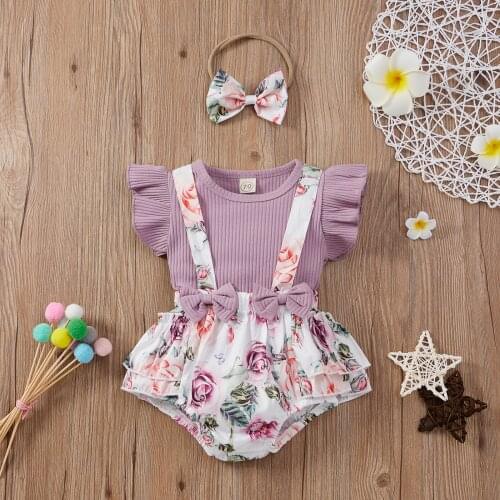 3Pcs Sweet Style Little Girls Outfit, Solid Color Fly Sleeve Round Collar Top + Floral Printing Suspender Shorts Bow Headwear