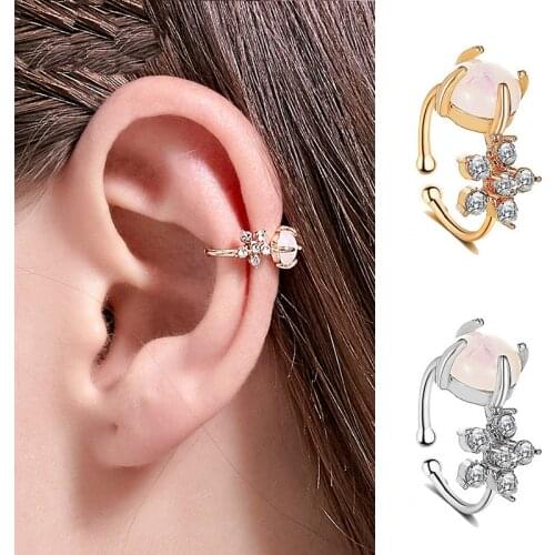 Korean Crystal Flower Clip Earrings For Women New Glazed Bead Earing Without Hole Jewelry Fake Earrings Single Ear Clip Earings