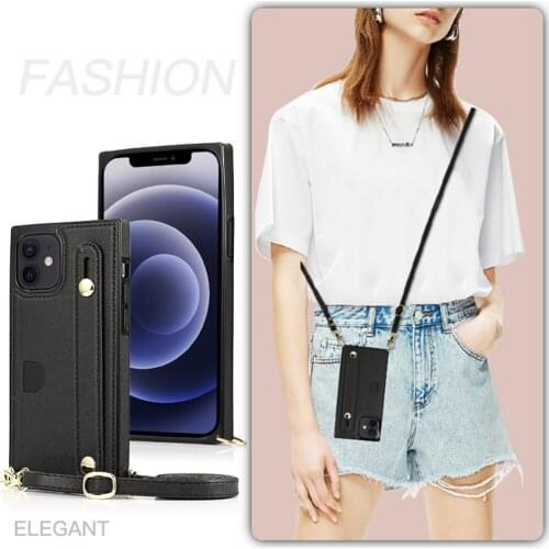 Luxury Necklace Lanyard Shoulder Strap Leather Phone Case For iPhone 12 Mini Back Cover Waist Strap Rope Coque Fundas