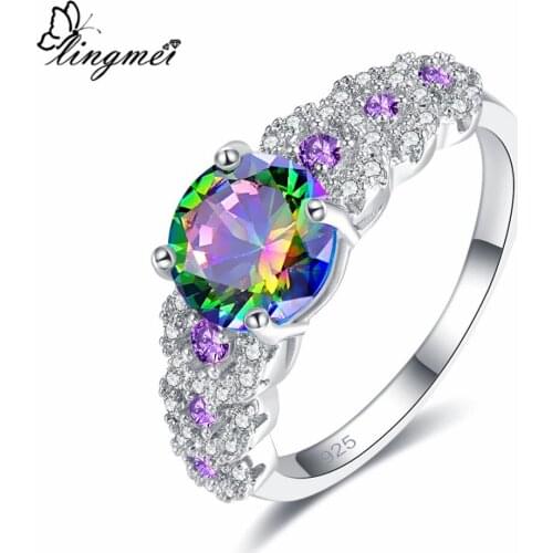 Lingmei Wholesale Free Shipping Gorgeous Cocktail Party Rainbow & Purple Blue White Cubic Zircon Silver Color Ring Size 6-9