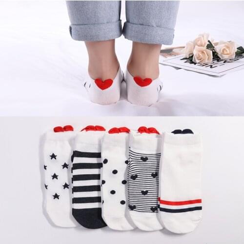 5Pairs New Arrivl Women Cotton Socks Pink Cute Cat Ankle Short Casual Animal Ear Red Heart Gril Dot Stipe Print Soft Socks 35-40