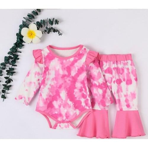 Baby Girls Clothes Kids Long Sleeves Suit Children Tie-dye Ruffle Princess Romper+Trousers 2 PCS Sets Kids Bell-bottoms Outfits