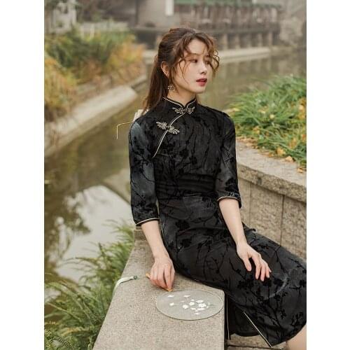 Chinese Dress Woman Black Plus Large Size Qipao Embroidery Cheongsam Retro Cheongsam Dress Traditional Qipao Oriental Dress