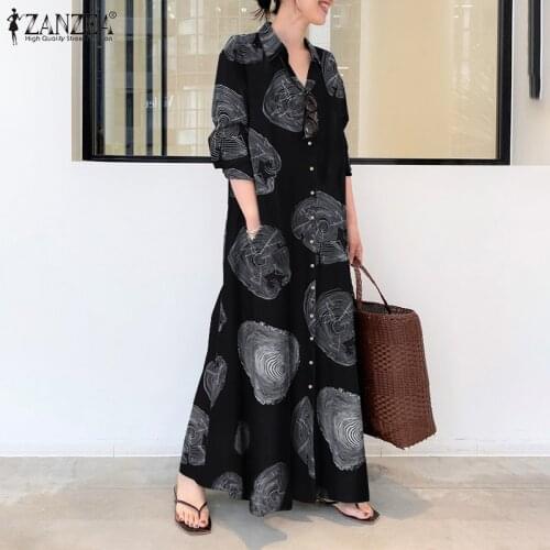 Vintage Floral Dress Womens Printed Sundress ZANZEA 2021 Spring Casual Long Sleeve Maxi Vestidos Female Lapel Button Robe Femme