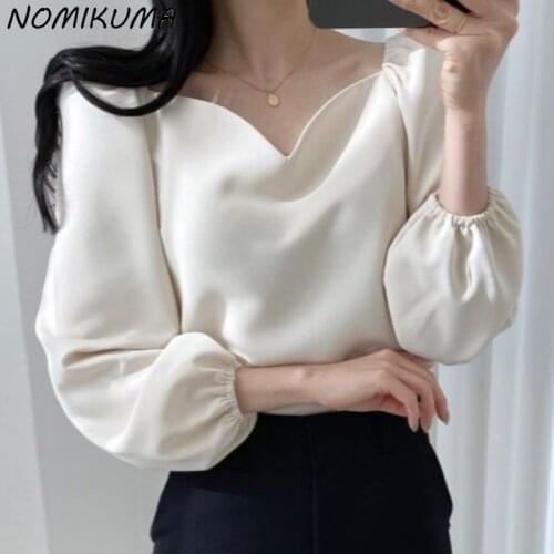 Nomikuma Chic Puff Sleeve V-neck Blouse Shirt Korean Elegant Solid Chiffon Tops 2021 Autumn New Blusas Mujer De Moda 6L023