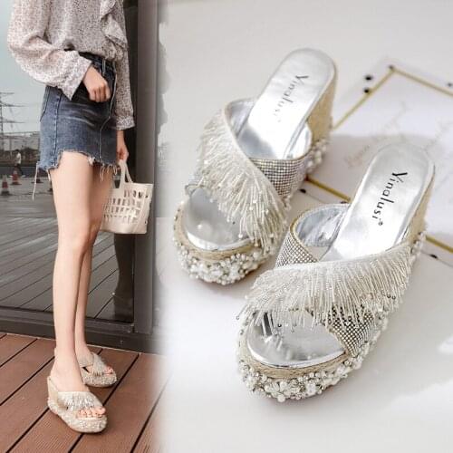 Summer New Fashion Thick Bottom Fringe String Bead Sesame Solid Outside Wedges High Heels Slides Super High 8cm-up High Quality