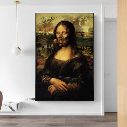 Funny Art Mona Lisa Hold A Gun In The War Wall Art Pictures Canvas Paintings Posters and Prints for Living Room Decor