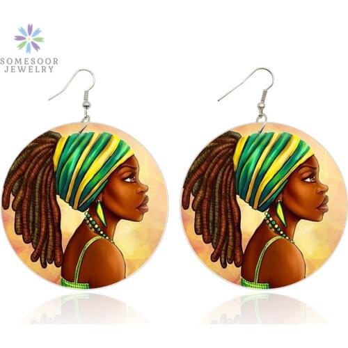 SOMESOOR Retro Headwrap Black Woman Afro Art Wooden Drop Earrings African Ethnic Natural Hair 6cm Large Wood Jewelry Party Gifts