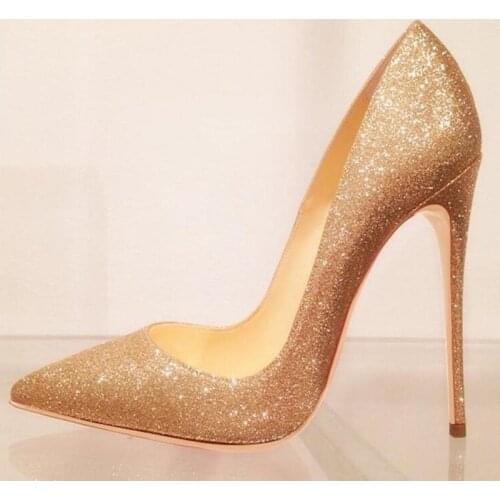 Stylish Glitter High Heel Pumps Shallow Pointed Toe Gold Pink Gray Glittering Stiletto Heels Dress Shoes Big Size 45 Drop Ship