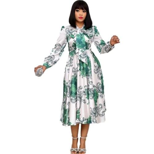 Spring Autumn African Clothing Long Sleeve Printed Plus Size Midi Dress Women Fashion Elegant High Waist Party Dress Daily Wear