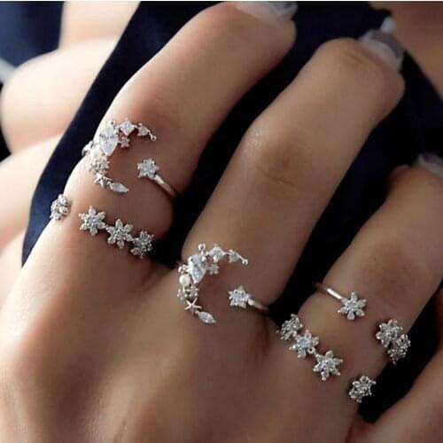 YPAY 5 PCS/SET Fashion Moon Star Crystal Rings for Women Index Finger Accessories Buckle Joint Tail Bague YMR1189