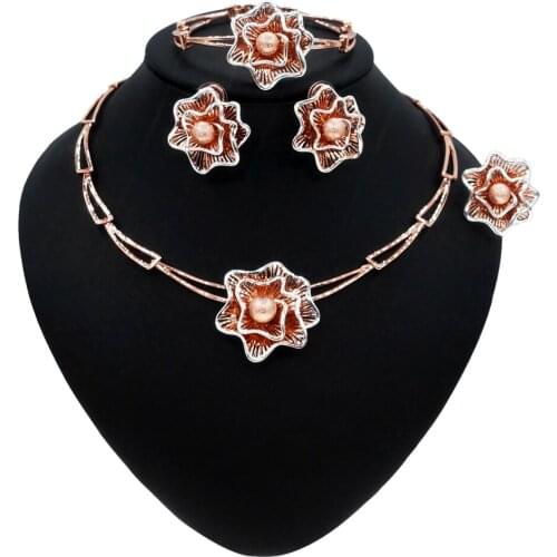 Yulaili Nigerian Wedding Rose Gold Color Necklace Earrings Bracelet Ring Bridal Party African Dubai Jewelry Sets for Women
