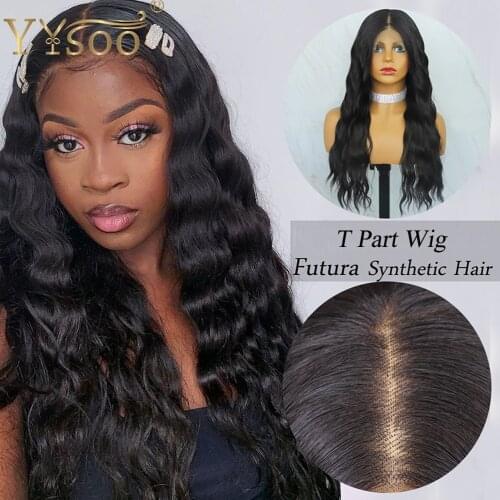 YYsoo Long Black13x6 Futura Synthetic Lace Front Wigs Glueless Japan Heat Resistant Loose Wave Wig Natural Hairline Deep Parting