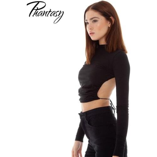 Phantasy Women Sexy Backless T-shirts Autumn Mandarin Collar Blouse Black White Long Sleeve Street Wear Casual Tight Crop Top
