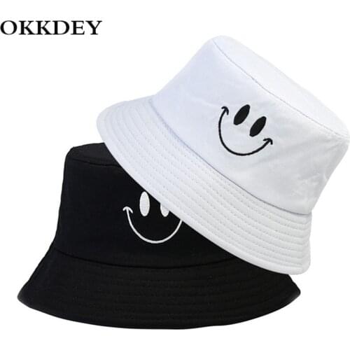 Embroidered smile Foldable Bucket Hat Men Women Beach Sun Hat Unisex Street Headwear Fisherman Outdoor Cap Panama Bucket Caps