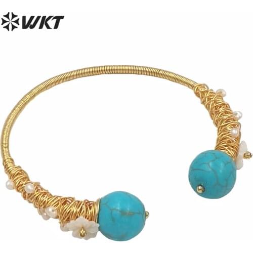WT-B510 WKT Natural Stone Bangle Flowers With Wire Wrapped Turquoises Bangle Gold Electroplated Women Fashion Bracelet Jewelry