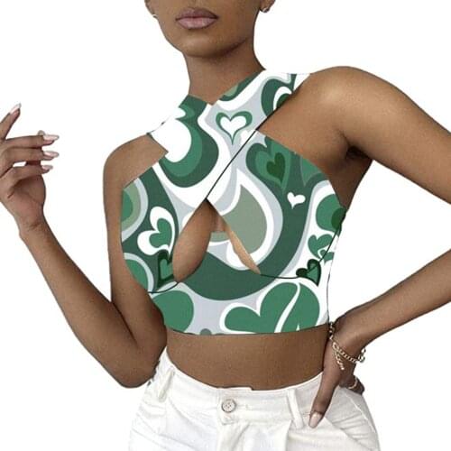 Women Close-fitting Sexy Hollow Out Vest, Heart Printed Pattern Casual Summer Sleeveless Crop Tops, Green/ Purple/ Dark Green