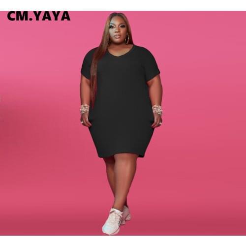CM.YAYA Plus Size Women V-neck Short Sleeve Slim Dress Classic Fashion Tee Style Knee Length Dresses