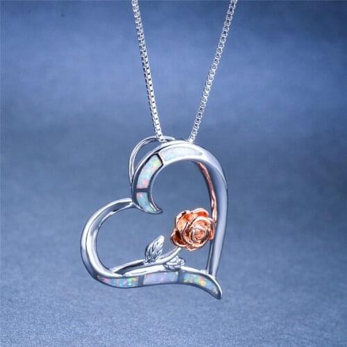 Boho Female Blue White Fire Opal Necklace Cute Big Flower Heart Pendants Necklaces Silver Color Necklaces For Women