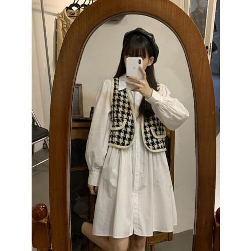 2021 Spring and Autumn New Loose White Long Sleeve White Shirt Dress + Sleeveless Vest Houndstooth Vest woman dress