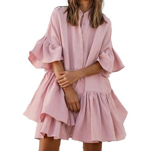 2021 Fashion New Women Short Sleeve Solid Ruffles Patchwork Shirt Dress Casual Streetwear Loose Button Vestidos Mujer