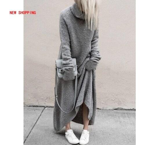 Winter Women Sweater Dress Autumn Loose Fashion Warm Turtleneck Lantern Sleeve Solid High Waist Womens Plus Size Dress XL Grey