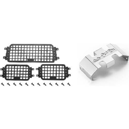 2 Set RC Car Part: 1 Set Rear Side Metal Stereoscopic Window Mesh Protective Net & 1 Pcs Protection Plate Chassis Guard