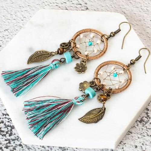 2020 New Long Fringed Tassel Earrings Geometric Metal Leaf Leaves Stones Green Thread Dream Drop Pom Pom Earring Beach Jewerly