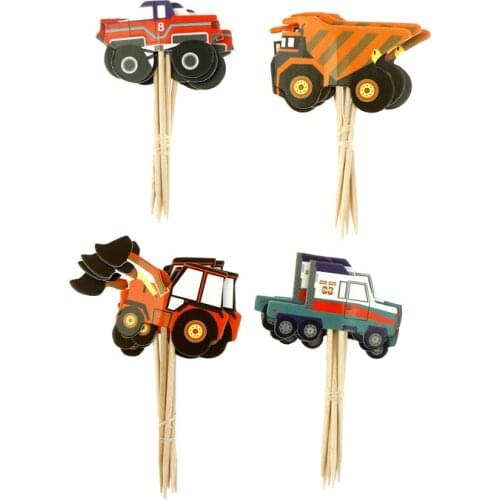 24pcs Cartoon Car truck Excavators child boy Birthday Party wedding cake flag Decoration Supplies Kids Gift Cupcake Toppers Pick