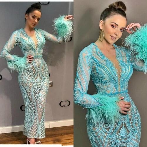 Arabic Luxurious Prom Dresses Lace Beaded Deep V Neck Evening Gowns Sexy Ankle Length Special Occasion Dress Pageant Wear