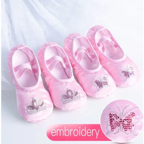 Satin Ballet Shoes Kids Girls Embroider Shiny Dance Slippers Split Sole Gymnastics Yoga Dancing Shoes