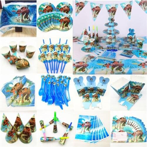 Kids Birthday Moana Party Supplies Decoration Tablecloth Cup Plate Straw Napkin Cap Gift Bag Candles Candy Popcorn Box Card