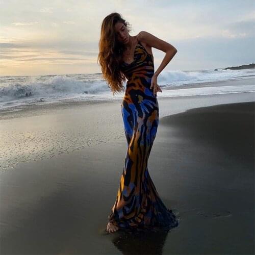 Tinastyle Printted Sexy Backless Maxi Dress Summer 2021 Spaghetti Strap Bodycon Long Beach Dress Vestidos Casual Party Dresses