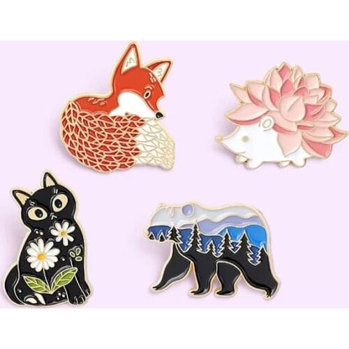 Cartoon Cute Animals Hedgehog Bear Fox Cat Enamel Pin Plants Woods Flowers Alloy Brooch Badges Clothes Bags Accessories Jewelry