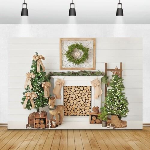 White Wood Backgrounds For Photography Merry Christmas Festivals Fireplace Wood Reindeer Child Baby Photo Backdrop Photo Studio