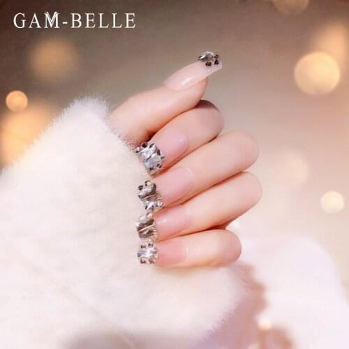 GAM-BELLE 24Pcs Nude Artificial False Nails With 3D Rhinestones Full Cover Press on Nails Art Decoration DIY Manicure Tool