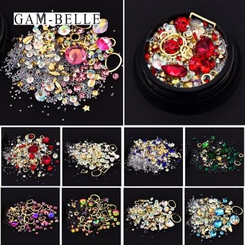 GAM-BELLE 1 Box Mixed 3D Nail Rhinestones Stones Metal Nail Art Decoration Colorful DIY Design Gems Decals Manicure DIY Tips