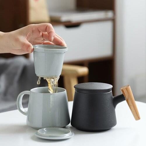 Creative Ceramics Tea Infuser Mugs Cup With Lid Cover Filter Wooden Handle For Milk Coffee Juice Tumbler Customizable Decor