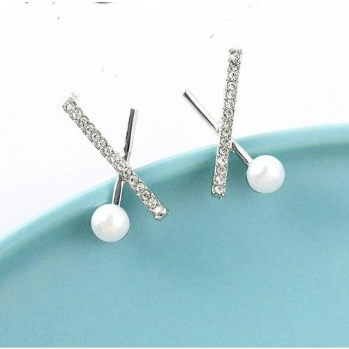 Fashion Jewelry Cold Wind Female New Pearl Earrings Cross Simple Net Red Temperament Female Earrings Crystal Earrings