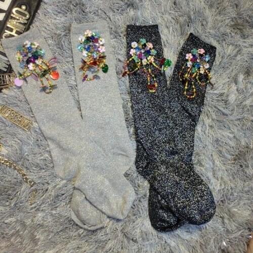Pug Women Socks Fashion Japan Beads Sequins Manual Custom Diamond Woman Fringed Flowers Bright Short Tube Reactor Female Casual