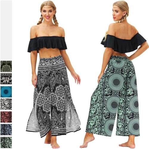 2021 New National Style Digital Printed Wide Leg Pants Nipol Outdoor Fitness Yoga Pants Women Sport Clothing Loose High Split