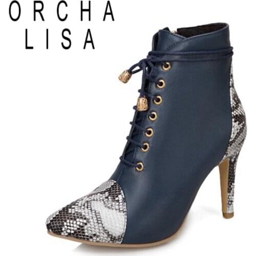 ORCHALISA 2021 Ankle Boots Snake Print Patchwork Zip Lace Up Pointed Cap Toe Thin Heel Short Plush Blue Black Yellow White A4511