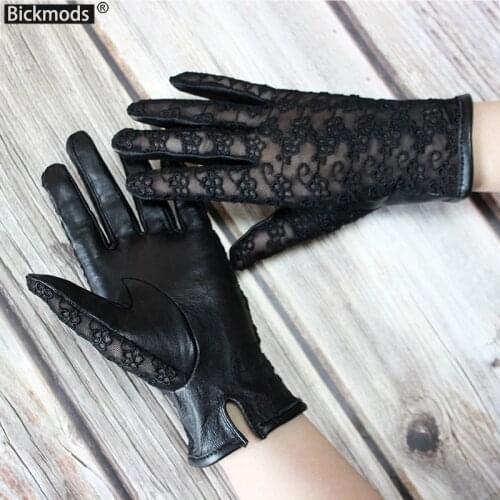 New women Leather Gloves Female Gloves Leather Ladies Thin Sheepskin Embroidery Lace No Lining Spring And Summer Driving