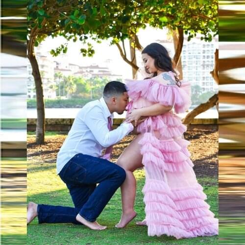 Baby Pink Maternity Dresses Pregnancy Dress Off The Shoulder Slit Tulle Women Dress For Photo Shoot Tiered Tulle Robes