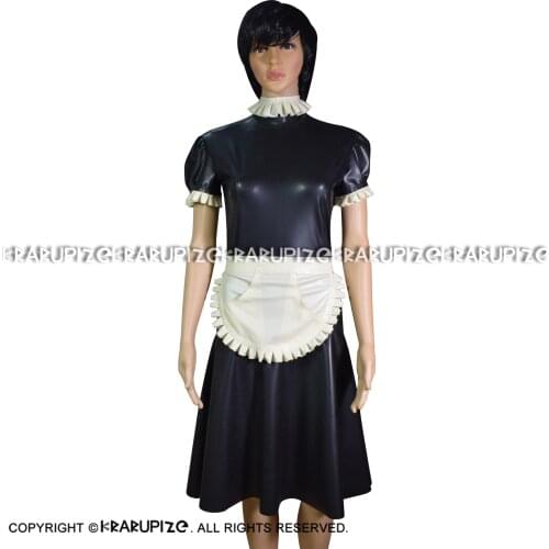 Sexy French Maid Latex Dress With Pockets On Apron Zipper At Back Rubber Uniform Bodycon Playsuit LYQ-0132