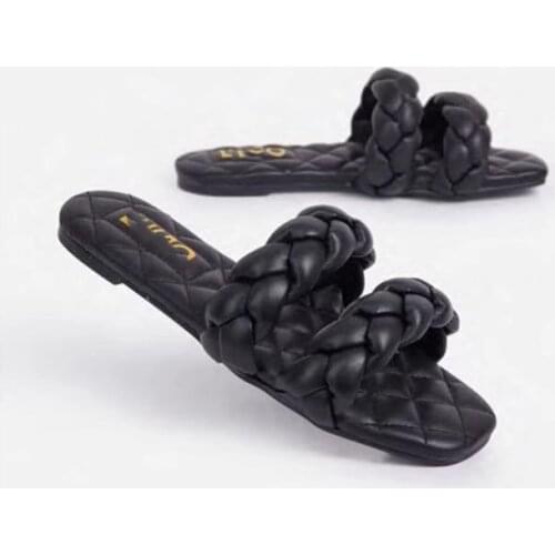 WHNB Double Strap Woven Slides With Padded Chain Bag WomenS Flat Shoes Leather Slippers Summer Sandals Pantofole Donna Chanclas