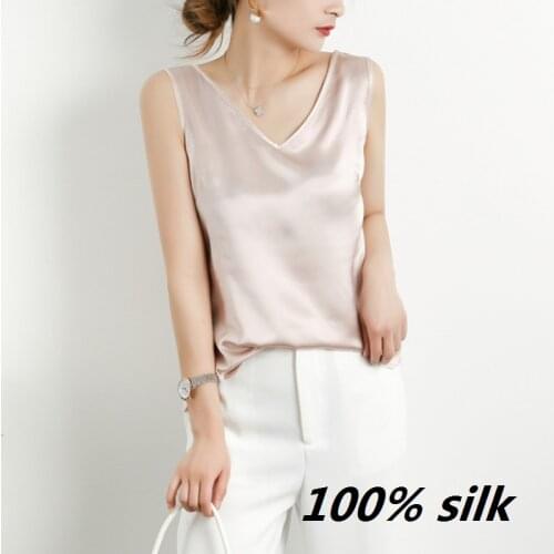 100% silk v neck tanktop tank top women womens tops sexy vest summer ladies tanks singlet for undershirts crop spagetti blue za