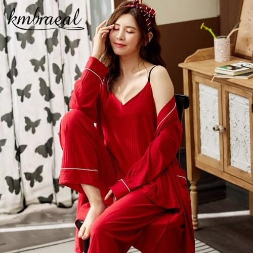 Spring Autumn 100% Cotton 3 Piece Sets Womens Pajama Sets Female Sleepwear Young Lady Pyjamas Lounge Homewear Set Plus Size 3xl